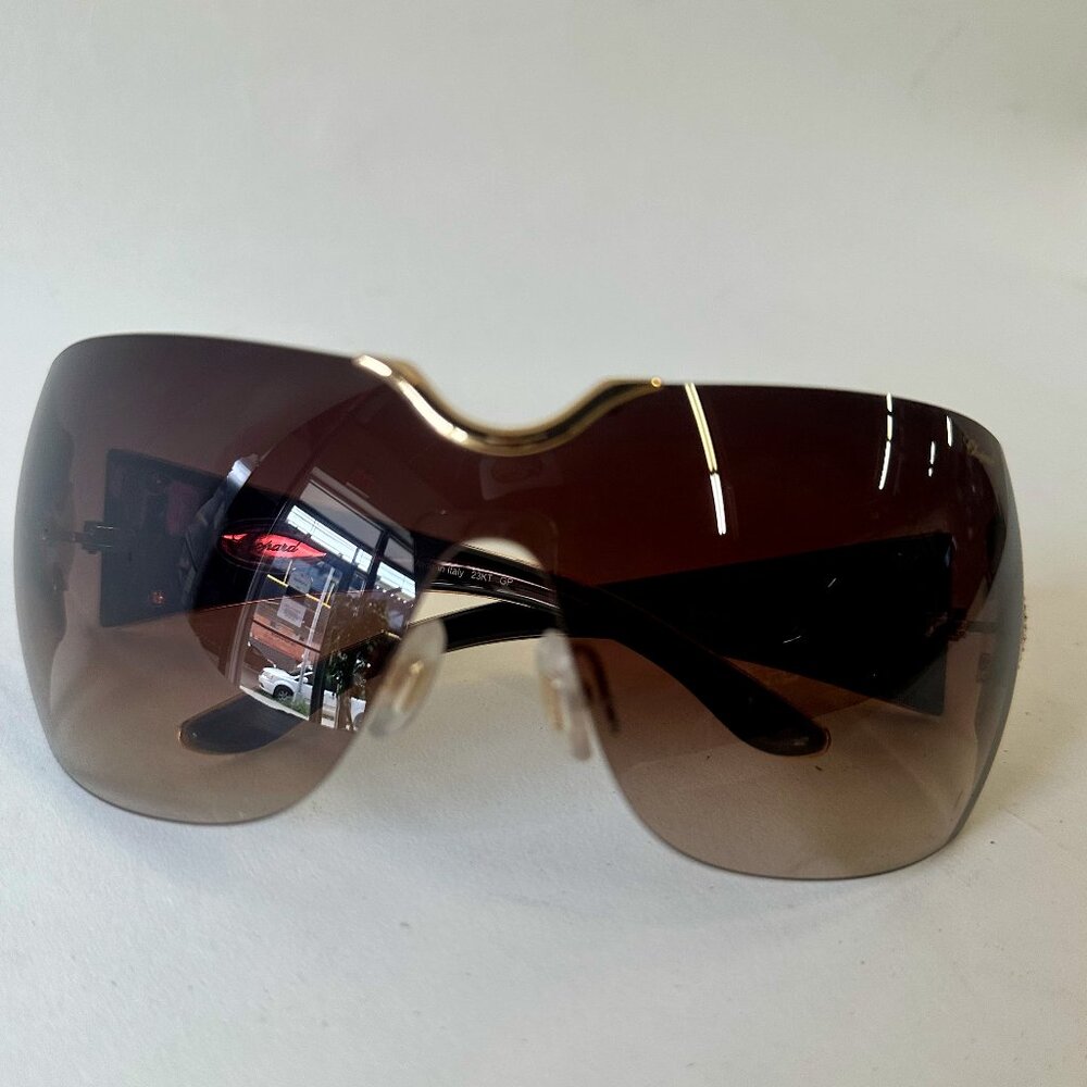 Chopard Luxury Oversized Shield Sunglasses – Gold Embellished w/ Crystal Accent